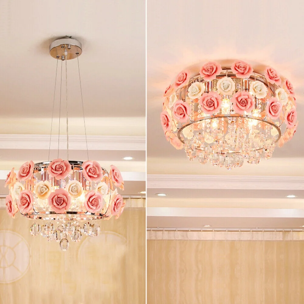 Ceiling Light Romantic Pink Rose Flower Chandelier Crystal Pendant Lamp E12/E14 for Bedroom, Dining Room or Living Room Adjustable Ceiling Lamp/Pendant Lamp