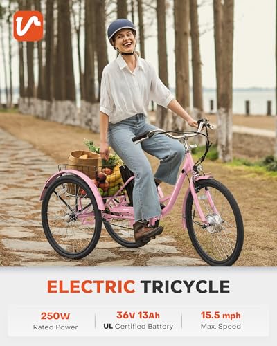 Viribus Electric Tricycle for Adults, Electric Trike 250W(Peak 500W) with 468Wh Removable Battery, Motorized Adult Tricycle, 3 Wheel Electric Bike for Seniors, E Trikes 330 lb. Rosy 24 in