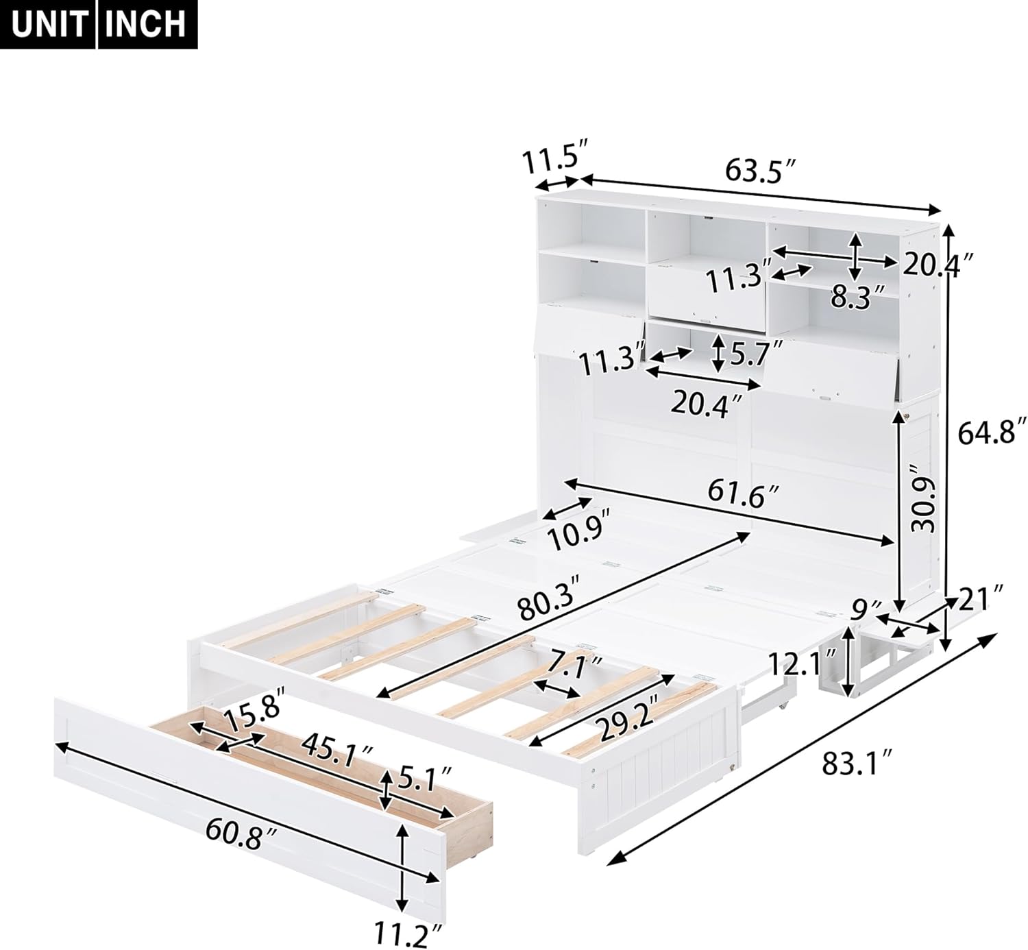 Queen Murphy Bed Cabinet Bed with Bookcase, Bedside Shelves and a Big Drawer for Guest Room or Home Office, White