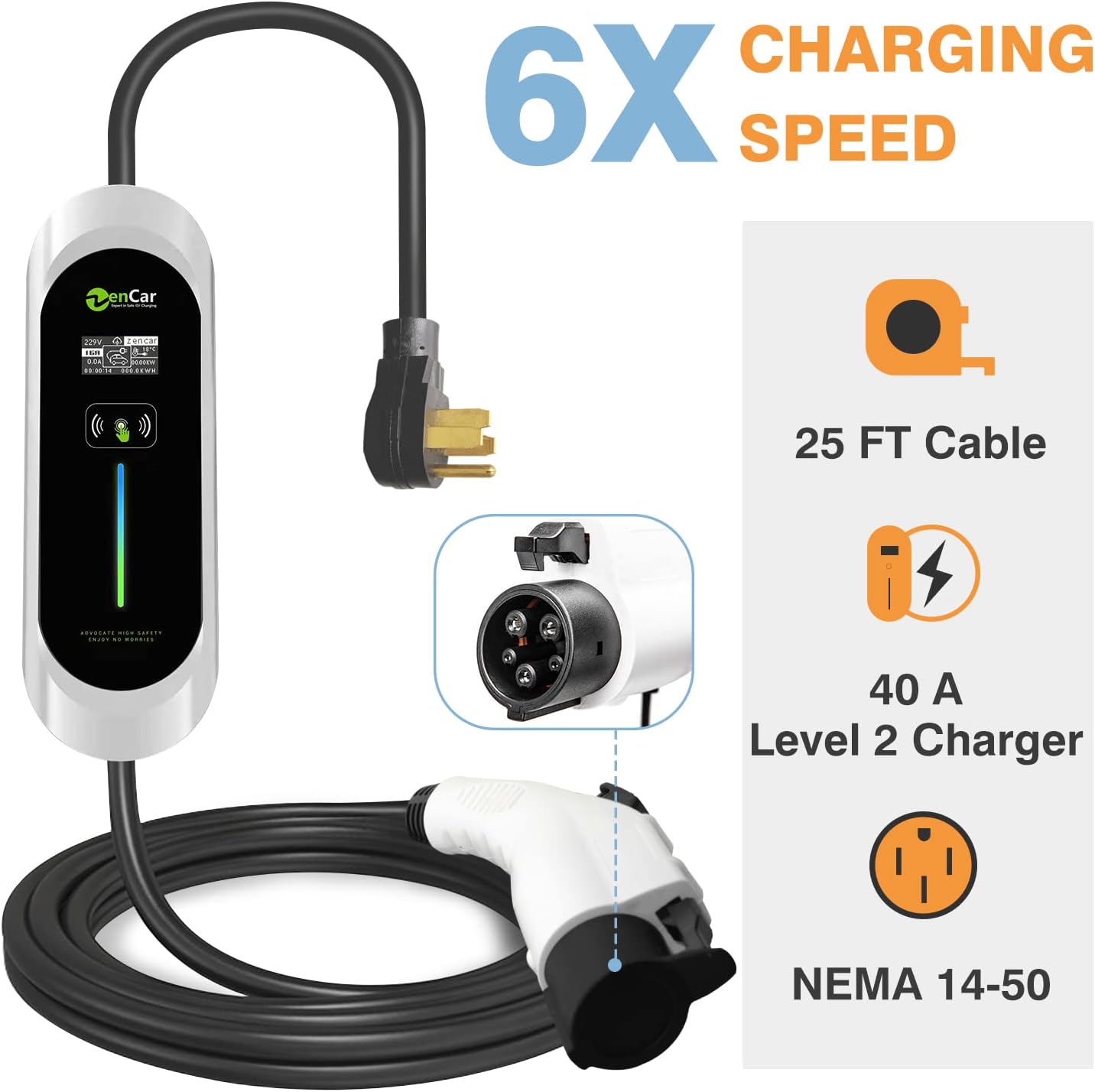 Keruida Level 2 EV Charger 40Amp 240V, Portable EV Charger with NEMA 14-50 Plug SAE J1772 Cable, Home EV Charging Station Adjustable Currents 16A-40A, with EV Charger Holder, Timing Delay