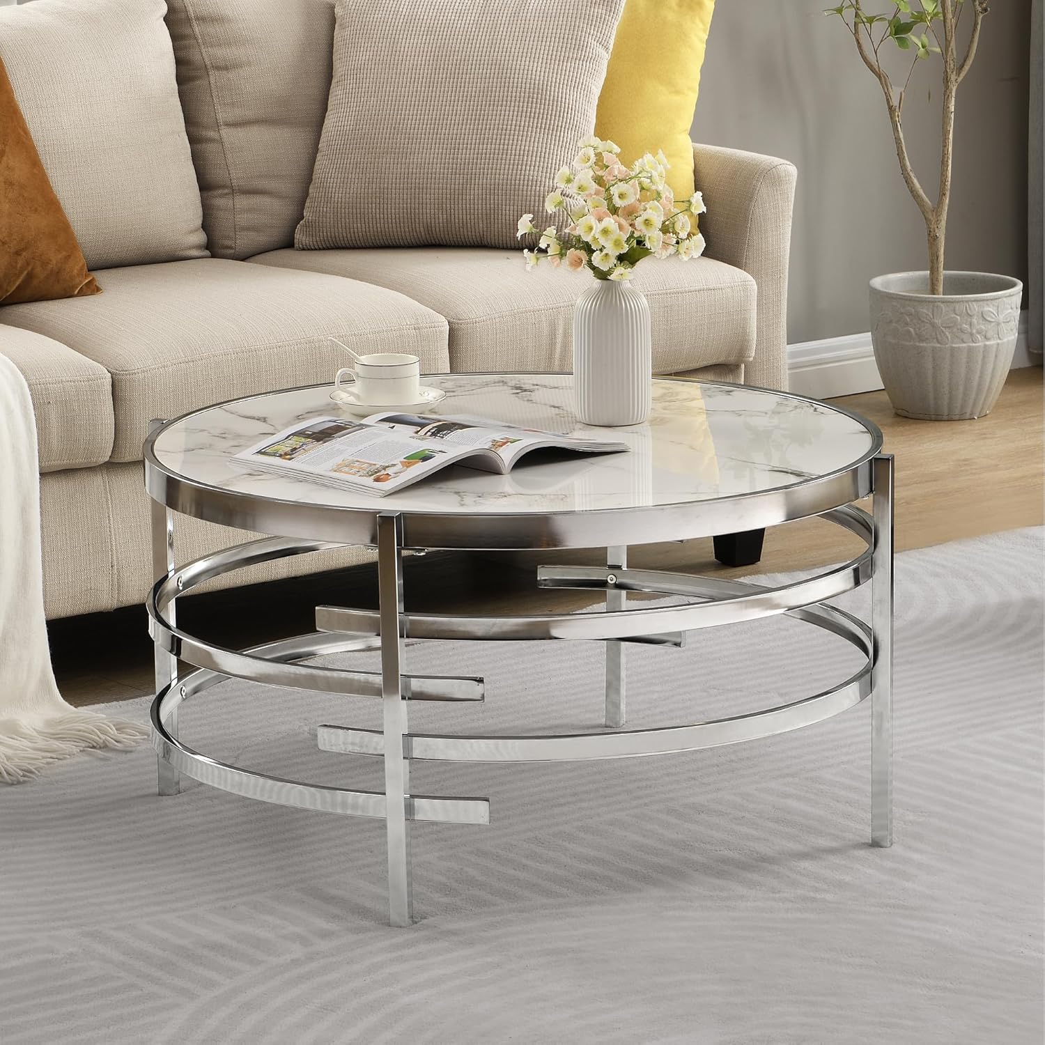 Goujxcy Modern Round Coffee Table, Elegant Coffee Table with Faux Marble Sintered Stone & Irregular Silver Metal Frame, 32.5in Cocktail Tea Table Center Table for Living Room Apartent Small Place