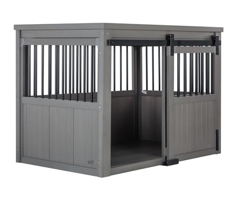 New Age Pet® ECOFLEX® Homestead Sliding Barn Door Furniture Style Dog Crate -Grey, Large (EHDBC15-05L) - Stylish, Durable, Removable Cushions, Easy to Assemble.
