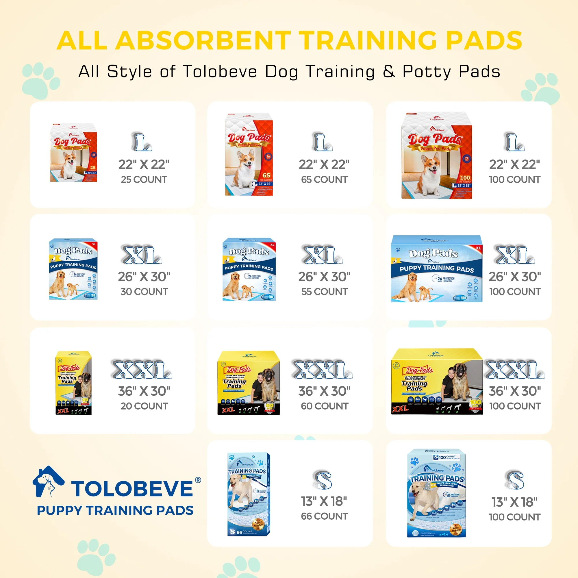 Tolobeve XXL Absorbent Dog Training Pads, 30x36 inch, 100 Count, Suitable for Puppy and Senior Dogs