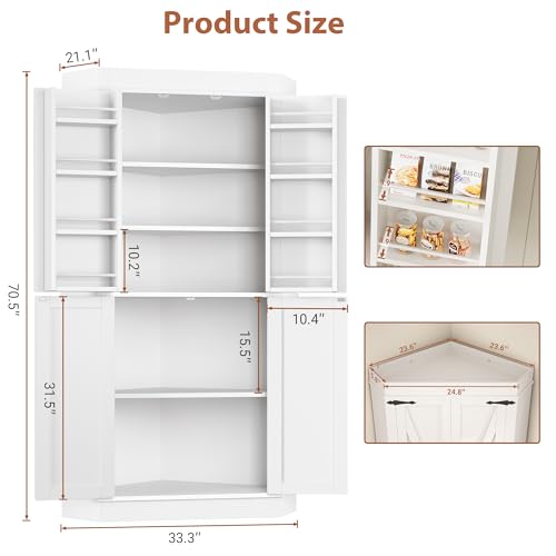 Corner Cabinet, Kitchen Pantry Cabinet, Storage Cabinet with 4 Doors and Shelves, Kitchen Cabinet, Pantry Cabinet, Tall Food Pantry Storage Cabinet Farmhouse Furniture for Kitchen Dining Room, White