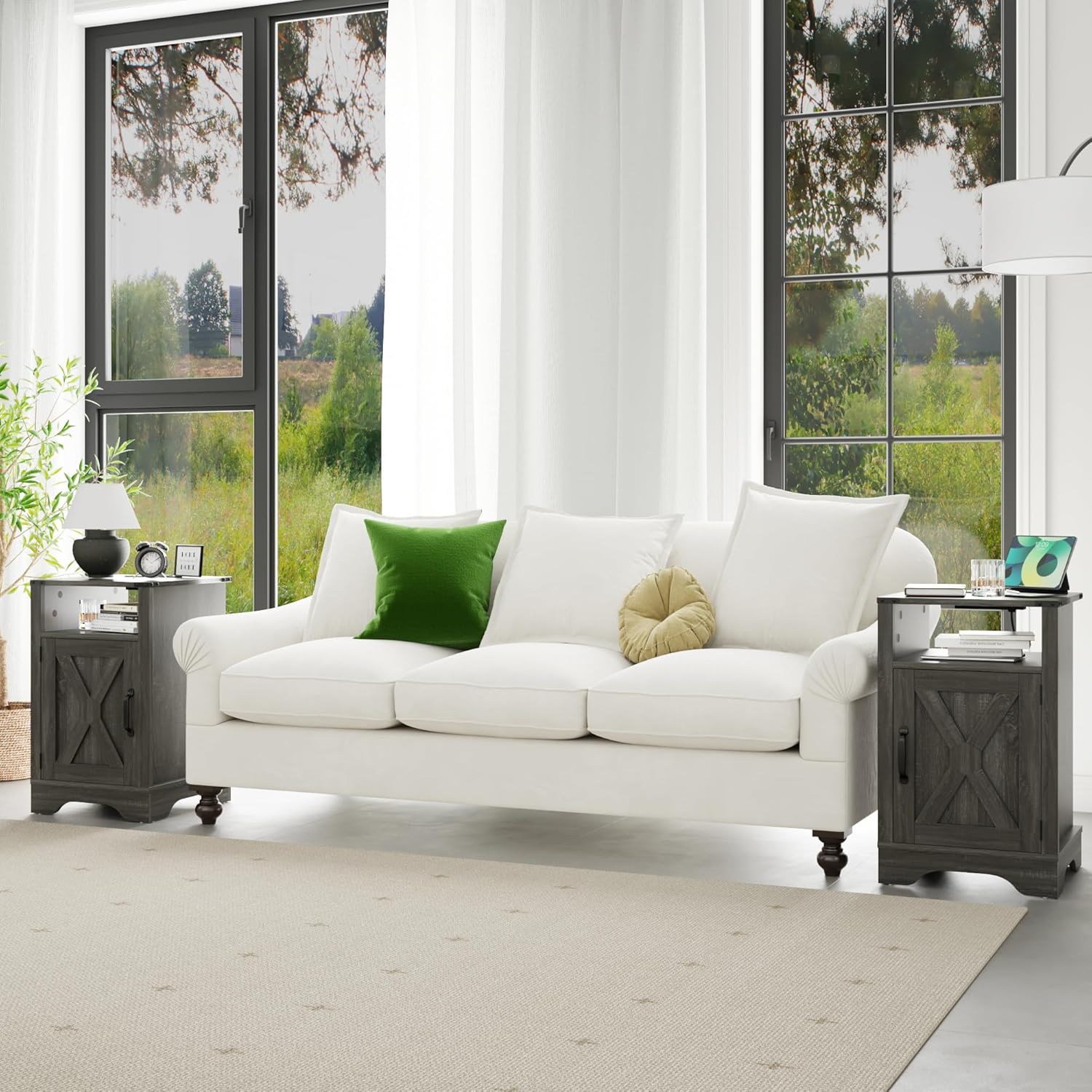 Farmhouse Nightstand Side Table, Wooden Rustic End Table, Tall Bedside Table with Electrical Outlets Charging Station (2 Sets) - Dark Gray