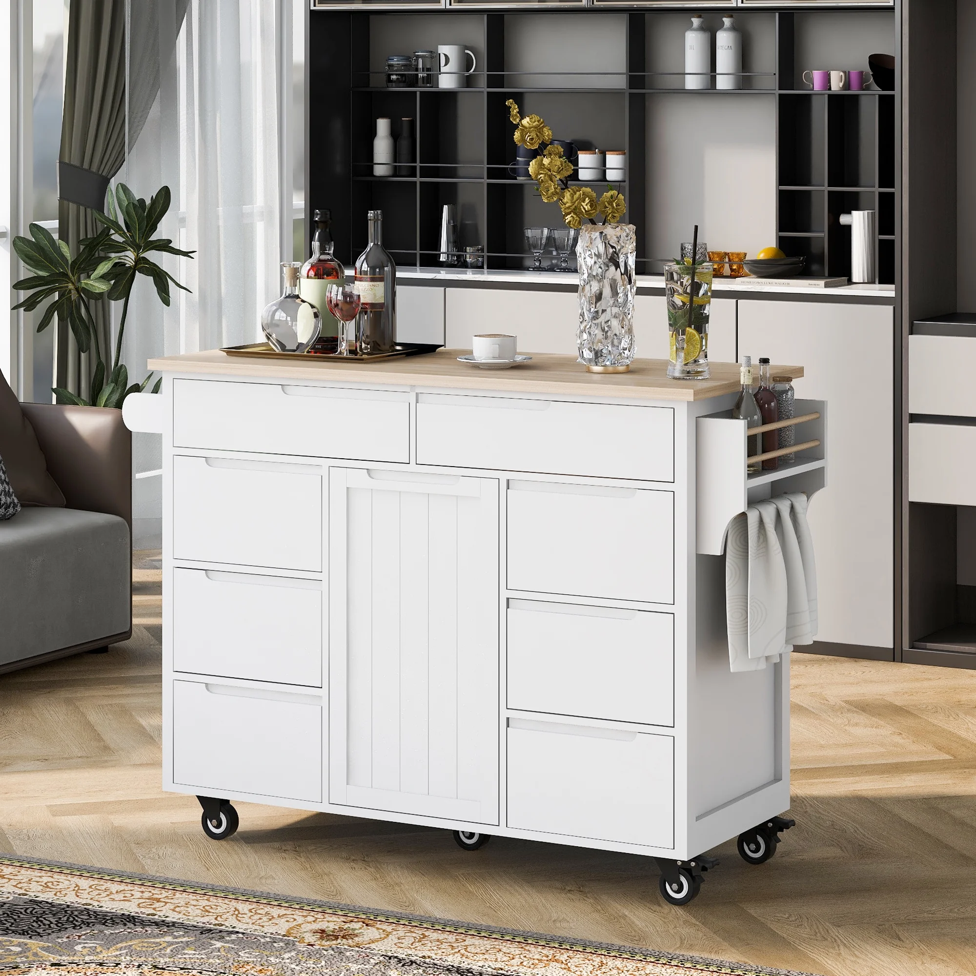Hombay Rolling Kitchen Island with Storage, Rubber Wood Mobile Kitchen Cart Organizer Cabinet with Lockable Wheels, Drawers, Shelves and Holders