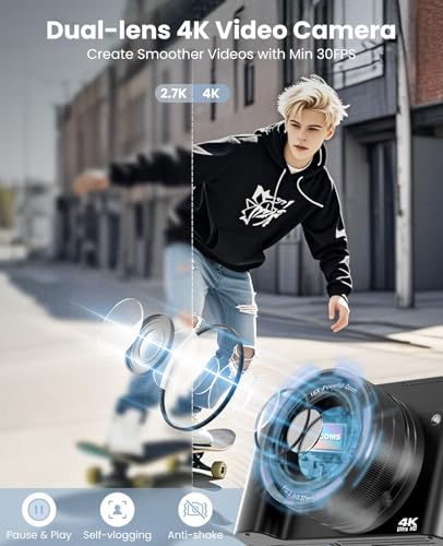 4K Digital Camera, 64MP Dual-Lens Vlogging Camera for Photography and Video 30FPS, Autofocus Anti-Shake, Selfie YouTube Camera, Digital Camera with Flash Dial 16X Zoom Charging Stand