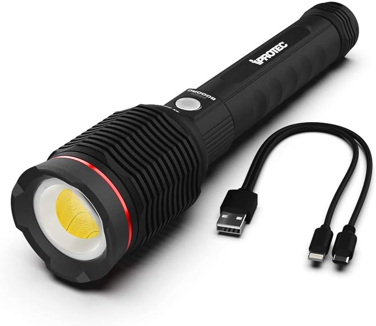 iProtec Rechargeable 5000 Lumen-Power Bank Flashlight, Waterproof and Impact Resistant Design with Rechargeable USB Cable, Red, One-Size