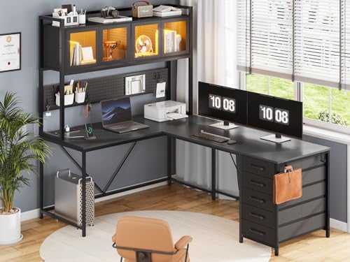 SEDETA L Shaped Gaming Desk with Drawers, L Shaped Computer Desk with Hutch and Storage Shelves, Gaming Desk with Pegboard, Led Lights, and Power Outlet, Home Office Desk, Corner Desk, Rustic Brown