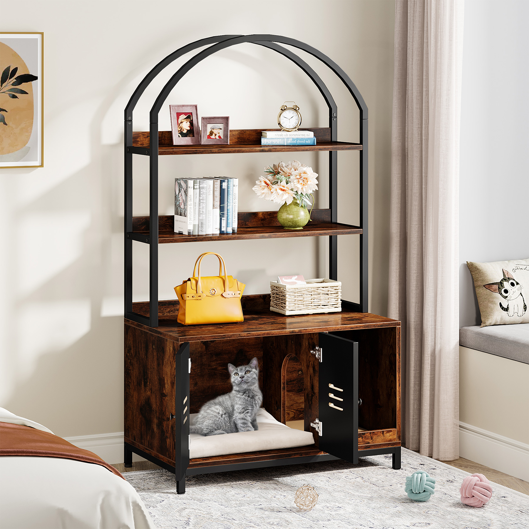 Tribesigns Cat Litter Box Enclosure Furniture, Hidden Litter Box Cabinet with Shelves, Wood Disguise Cat Washroom Pet House Cat Box with Doors, Industrial Cat Cabinet for Living Room, Bedroom