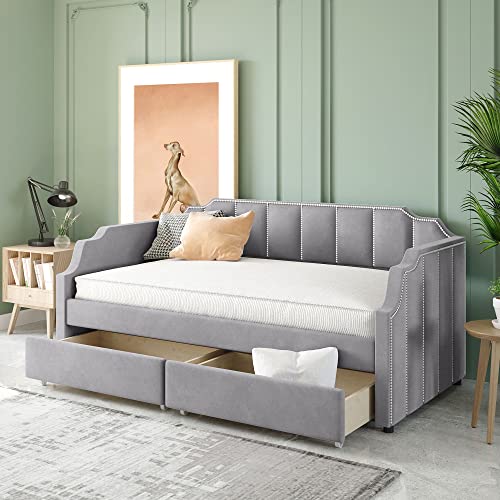 Twin Daybed with Storage - Upholstered Daybed with 2 Drawers and Arched Frame Design, Velvet Daybed with Horizontal Tufting and Nailhead Trim Detail, Storage Daybed for Bedroom (Gray)