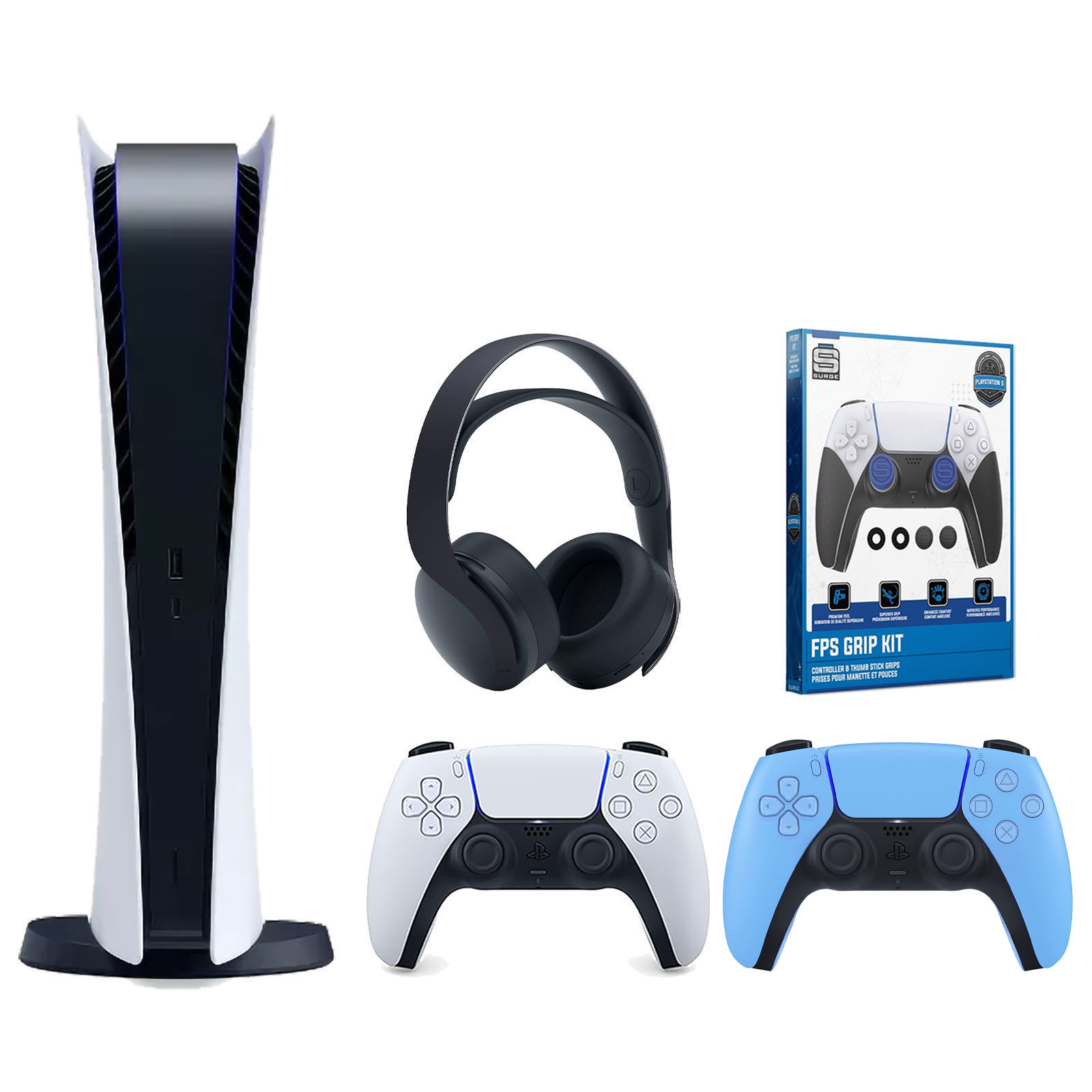 Sony Playstation 5 Digital Edition Console with Extra Blue Controller, Black PULSE 3D Headset and Surge FPS Grip Kit With Precision Aiming Rings Bundle