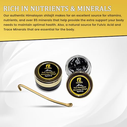 FOUZEE Pure Himalayan Mountains Shilajit - 77% + Fulvic Acid Authentic Hard Consistency, Natural Source of Fulvic Acid, Over 85 Trace Minerals, Includes Stainless Steel Spoon (10 Grams)