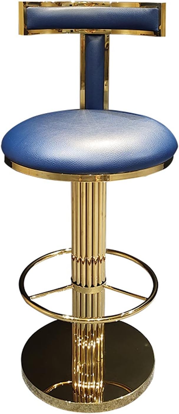 Modern and Fashionable High-end Bar Stools with Backrest 360-degree Rotating Bar Stools Stainless Steel Microfiber Leather Household Creativity 45X68X95CM (Champagne Gold + Blue)