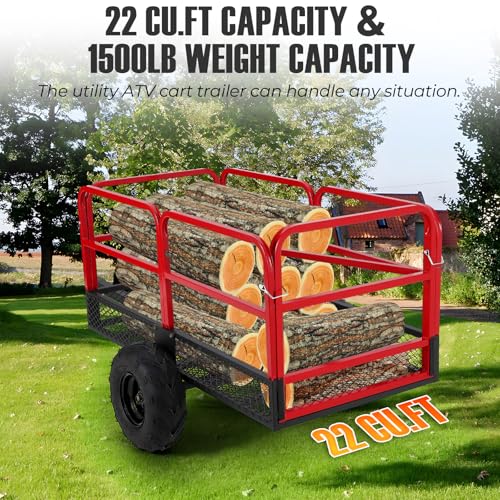 ATV Trailer Garden Dump Cart Tow Behind, 1500 LBS 22 Cubic Feet Heavy Duty Steel ATV Trailer Dump Cart, Pull Behind Yard Wagon Cart with 2 Wheels, Lawn Mower Cart for Lawn Mower Tractor, ATV, UTV