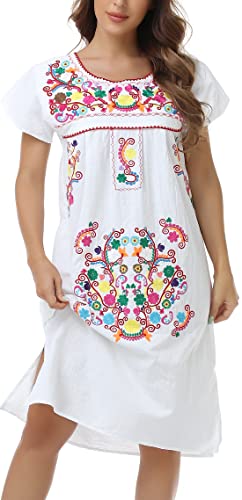 YZXDORWJ Women Mexican Embroidered Long Dress Ruffle Collar Maxi Boho Floral Summer Short Sleeve
