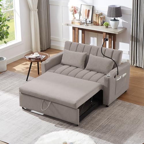 XD Designs 3 in 1 Convertible Single Sofa, Pull Out Sofa Bed Lounger Chair with Pillow and Adjust Backrest, Multi-Function Sleeper Chair Bed for Living Room or Apartment (Beige-3)