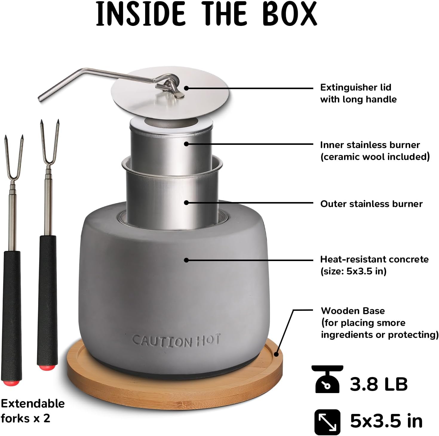 Table Top Firepit Smores Maker - Extendable Forks & Wooden Base Included- Mini Fire Pit for Indoor & Outdoor - Smokeless Fire Pits for Outside - Table Top Fire Bowl Concrete Round Dark Grey