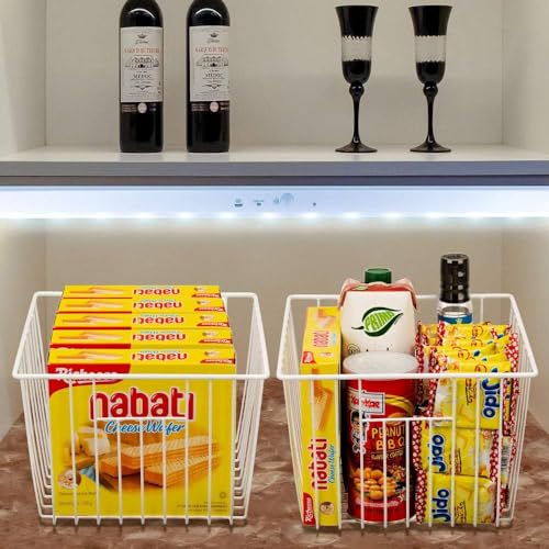 SANNO Freezer Storage Baskets, Pantry storage Baskets Farmhouse Wire Metal Baskets, Metal Wire Bins with Handles for Kitchen Cabinets, Pantry, Closets, Bedrooms, Bathrooms