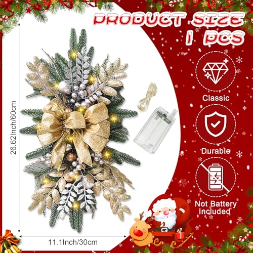 Artificial Christmas Swags 24 Inch Cordless Prelit Teardrop Swag Christmas Staircase Decorations Lighting Stair Swags and Garlands Xmas Wreath for Stair Window Wall Home Decor (1Pcs Gold)