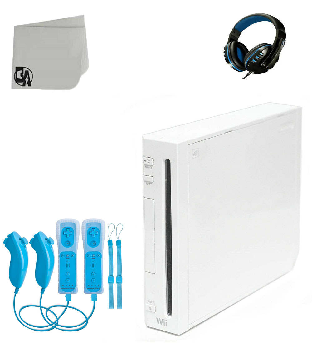 Nintendo Wii White Gaming Console With 2 Waterblue Gaming Controller + Head Set BOLT AXTION Bundle Like New