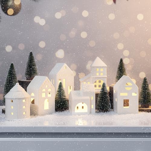 Pinkunn Christmas Village Sets of 18 Include 6 Ceramic Christmas Village Houses with LED Tea Light 6 Xmas Trees White Porcelain Rustic Town Houses for Rustic Farmhouse Xmas Decorations Indoor Home