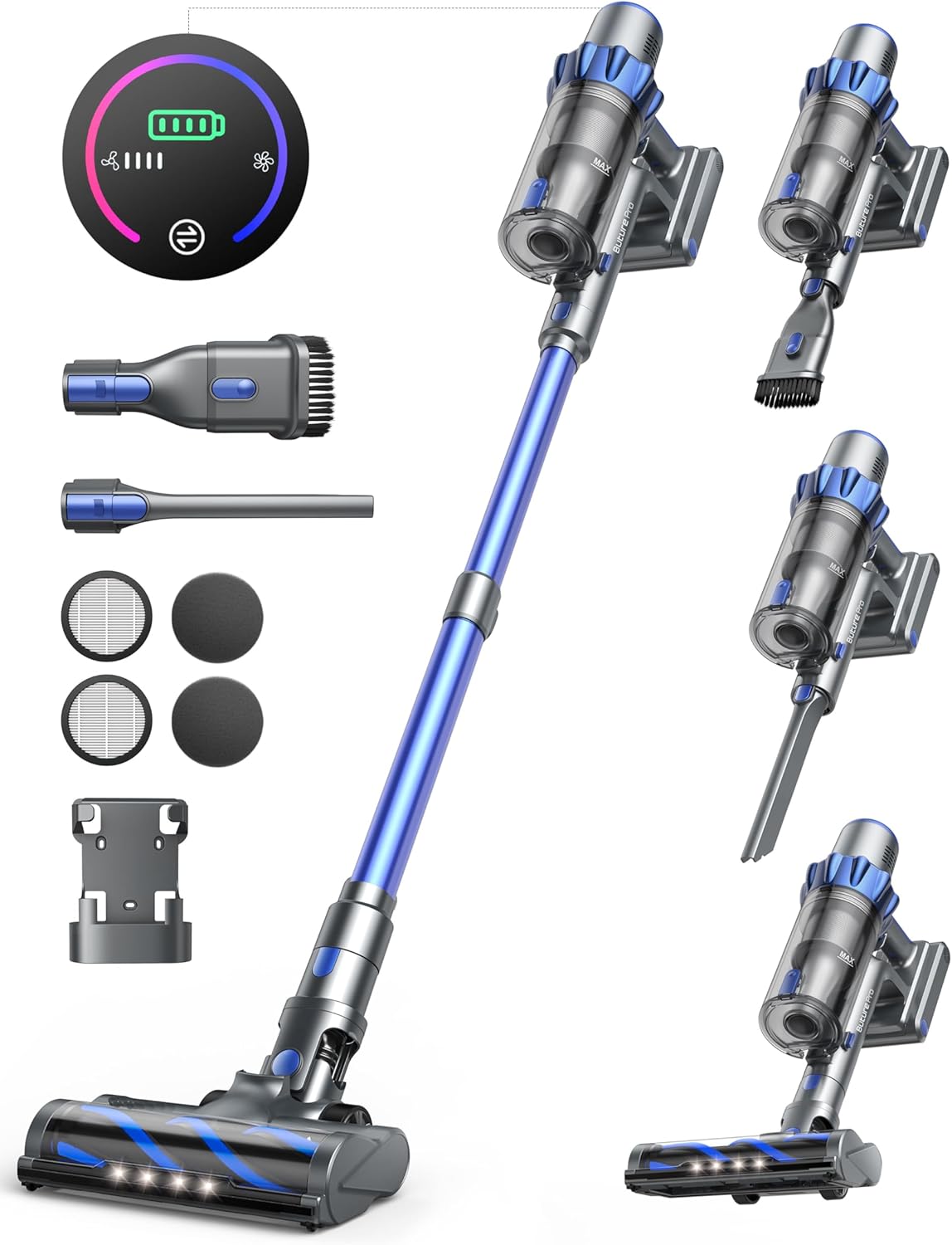 Cordless Vacuum Cleaner, 450W 38KPA Stick Vacuum with Intelligent Auto Mode, Color Touch Display, Up to 55Mins, Rechargeable Cordless Vacuum for Hardwood Floor Carpet Pet Hair, Blue