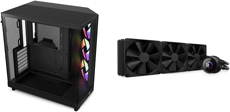 NZXT H6 Flow RGB Mid-Tower Airflow Case with 3 RGB Fans, Panoramic Glass Panels, Cable Management & 360mm AIO CPU Liquid Cooler with Customizable LCD Display, High-Performance Pump, 3 Fans
