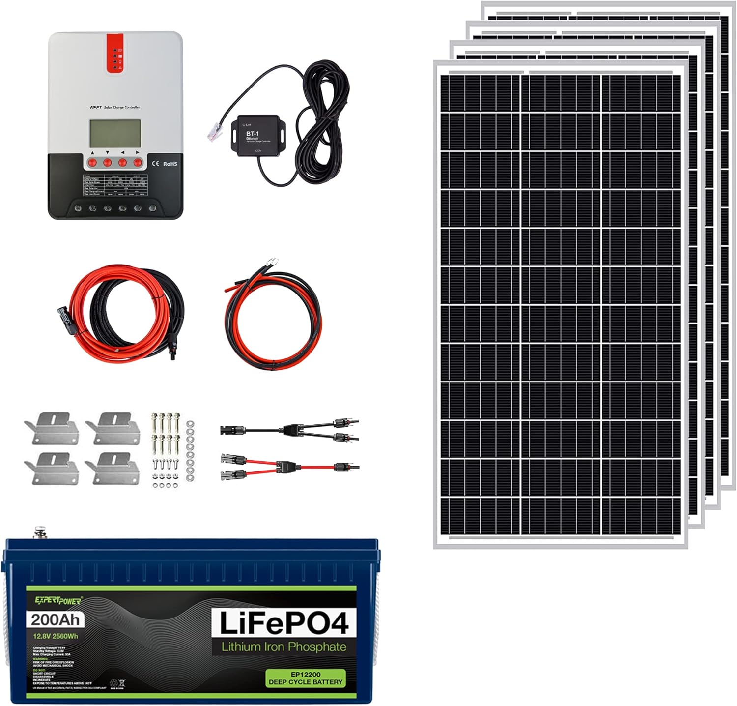 ExpertPower 2.5KWH 12V Solar Power Kit | LiFePO4 12V 100Ah, 400W Mono Solar Panels, 30A MPPT Solar Charge Controller, 3KW Pure Sine Wave Inverter Charger | RV, Trailer, Camper, Marine, Off Grid