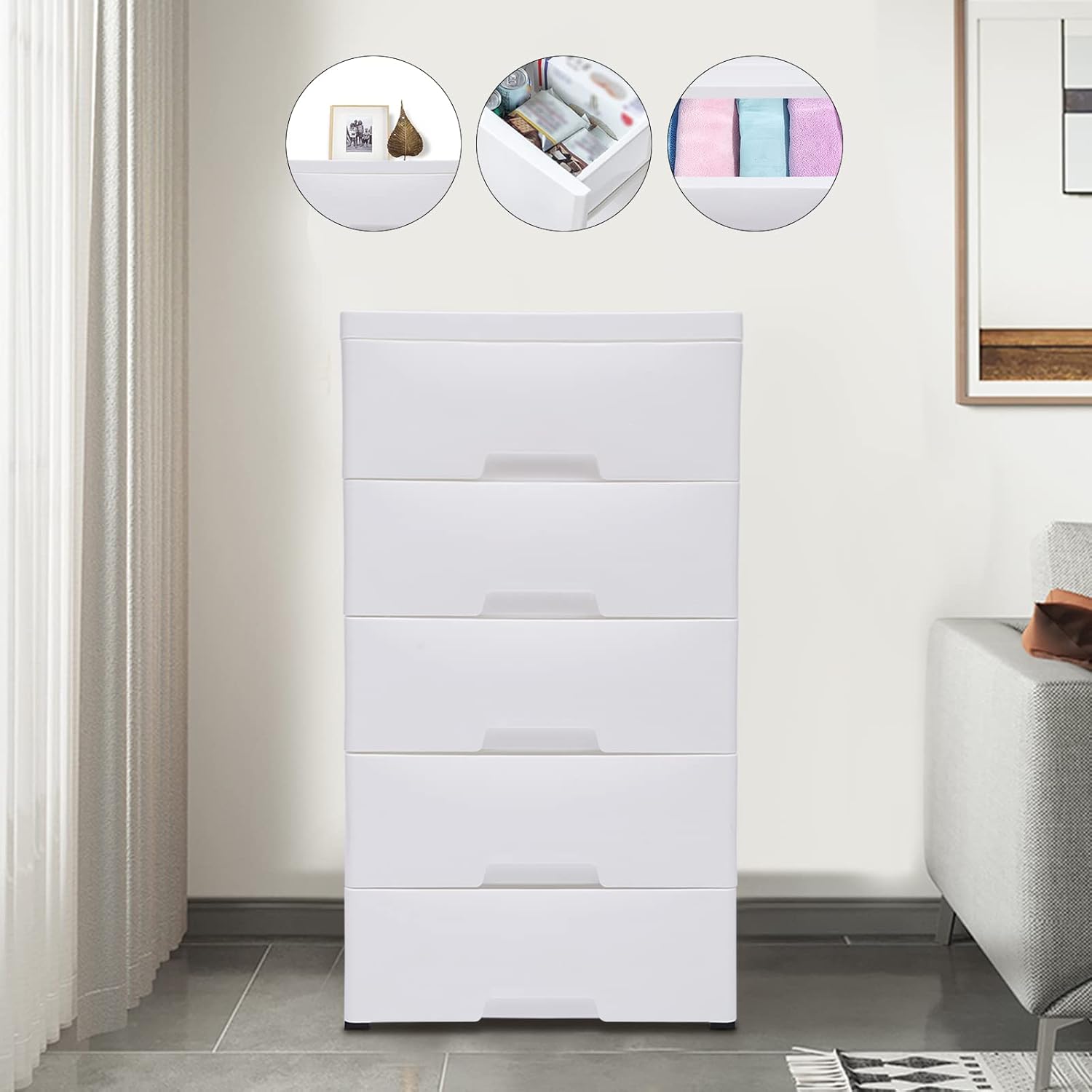 Plastic Storage Drawer Cart with 5 Drawers, Mobile Cabinet Organizers Rolling Storage Cabinet, Plastic Drawer Dresser Storage Organizer Vertical Storage Tower Unit for Playroom, Bedroom(White)