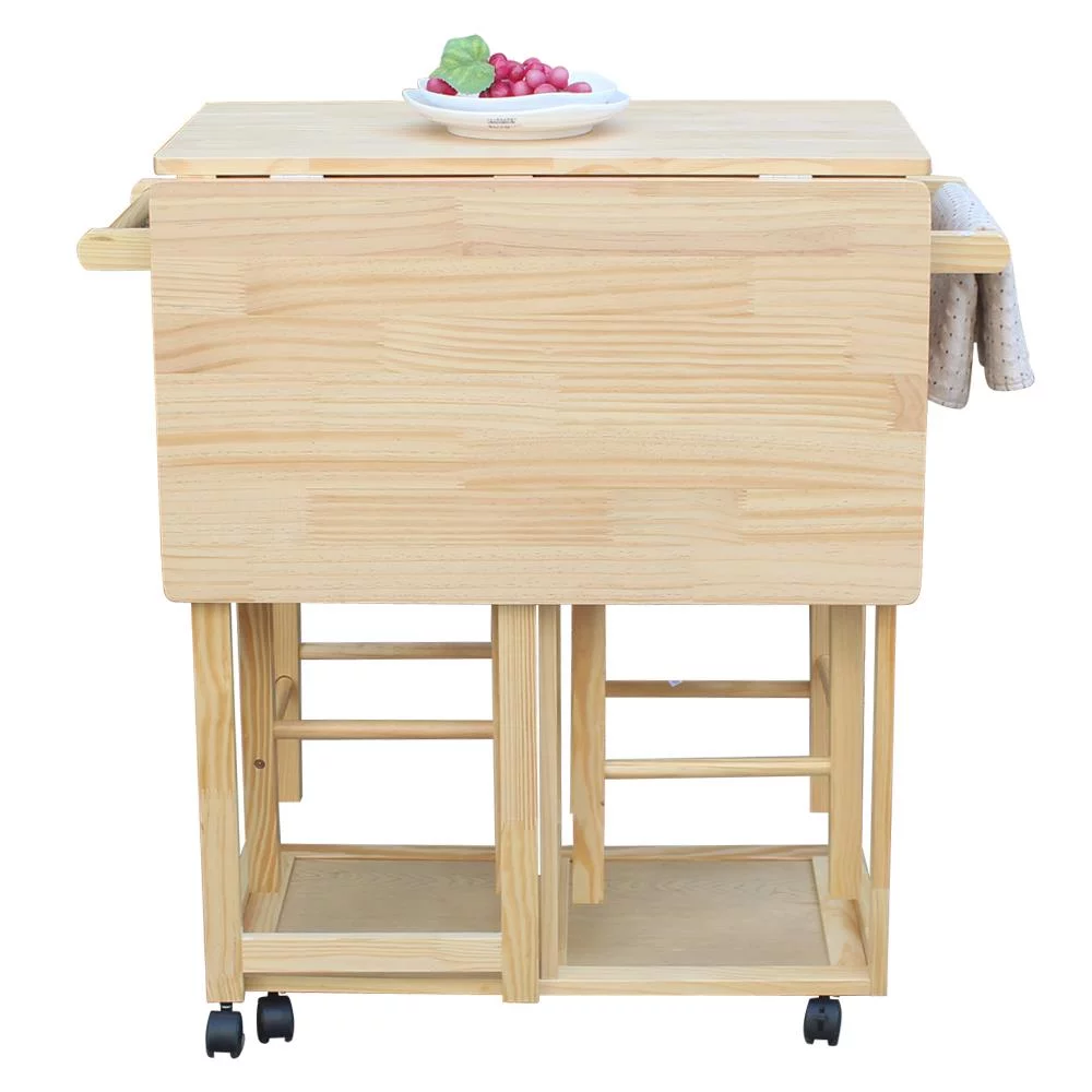 GoDecor Kitchen Island Rolling Trolley Cart with Stools,Wood Color