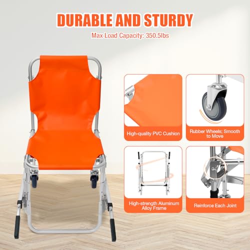 EMS Stair Chair Foldable Stair Chair Lift Ambulance Medical Lift with 2 Wheels Portable Stair Lift Chair with 2 Adjustable Straps for Elderly, Disabled 350 lbs Load Capacity (Orange)