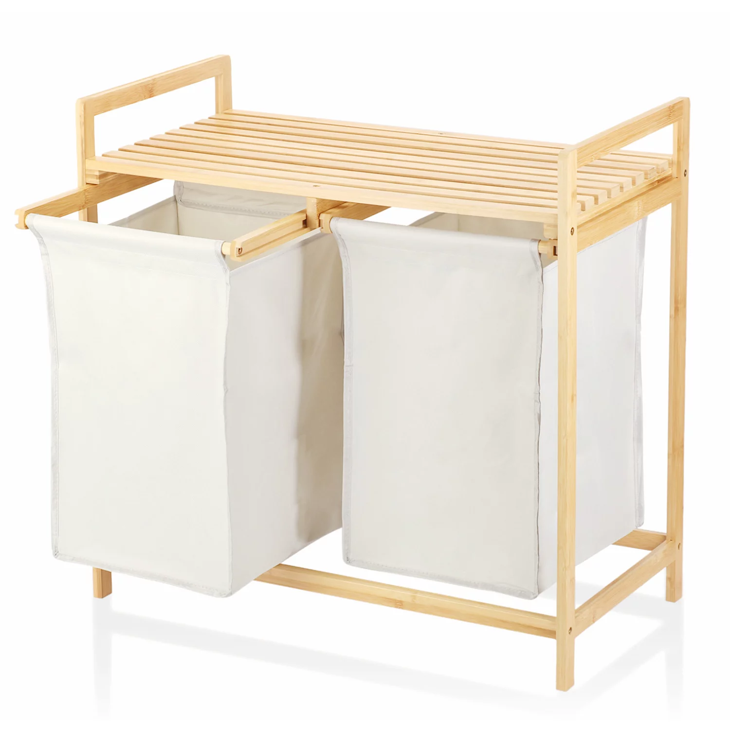 Nisorpa Freestanding Bamboo Laundry Basket,  2 Section Laundry Hamper with Shelf and Removable Bags