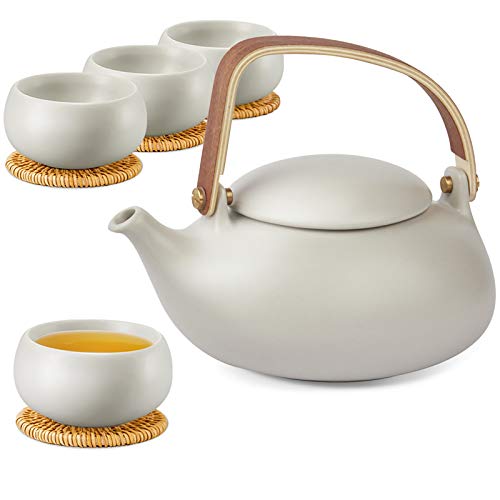 ZENS Modern Japanese Tea Set, 27 oz Ceramic Japanese Teapot with Fine Stainers and 4 Cups for Loose Leaf Tea Steeper, Wood Handle Matte Japanese Teapots Hot Tea Brewer for Tea Party Women Gifts