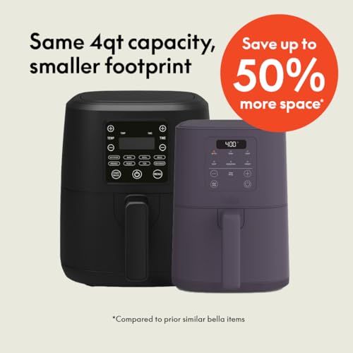 bella 4Qt Slim Air Fryer, Fits-anywhere™ Kitchenware, EverGood™ Ceramic Nonstick Coating, Adjustable Temperature, 6 Preset Cooking Options, 60 Min Auto Shutoff w Audible Tone, 3.3lb Capacity, Oatmilk