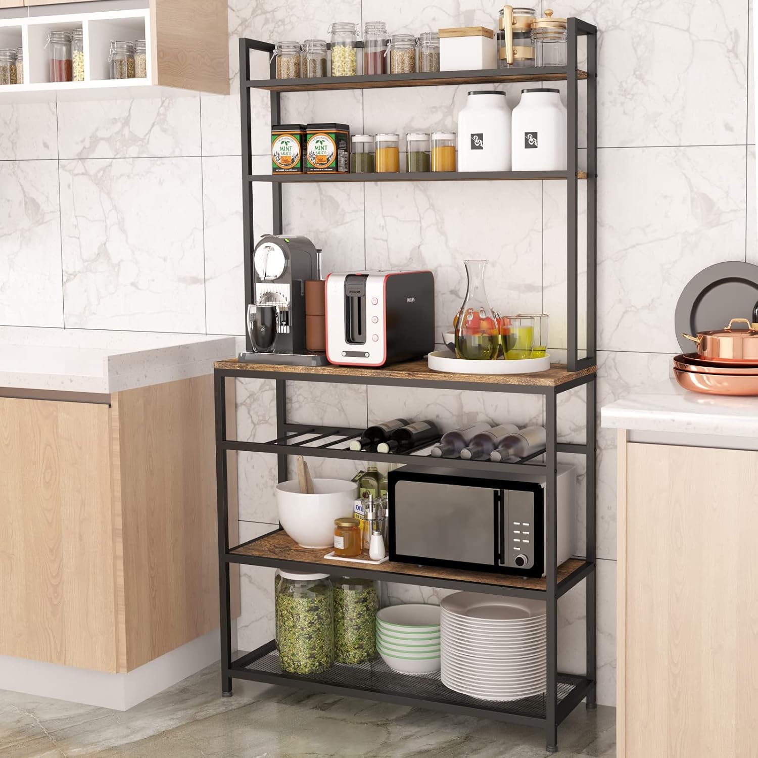 Industrial Kitchen Baker's Rack Coffee Station Microwave Oven Stand Kitchen Pantry Shelf Free Standing Opening Utility Storage Cabinet Sideboard for Kitchen Dining Room Living Room