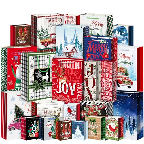 WLUSEAXI 24 Pack Christmas Gift bags Assorted Sizes with 24 Gift Tags,Christmas Paper Bags with Handle,6 Jumbo 6 Large 6 Medium 6 Small Holiday Gift Bags for Kids,Xmas Presents,Xmas Party Favors