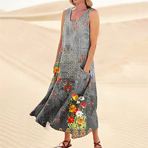 Sleeveless Dress for Women 2024 Casual Cotton Linen Sundress Loose Flowing Swing Vacation Long Dresses with Pockets