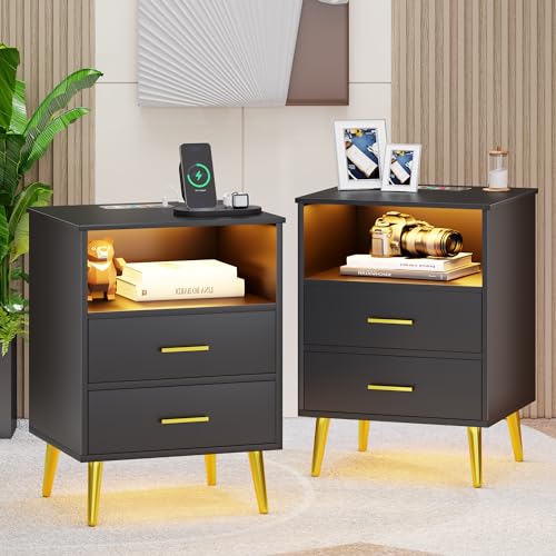 Nightstand set of 2 with Charging Station, Smart Night Stand with LED Light, Wood Bedside Table with 2 Drawers and Storage, Modern End Table for Bedroom Living Room, Grey