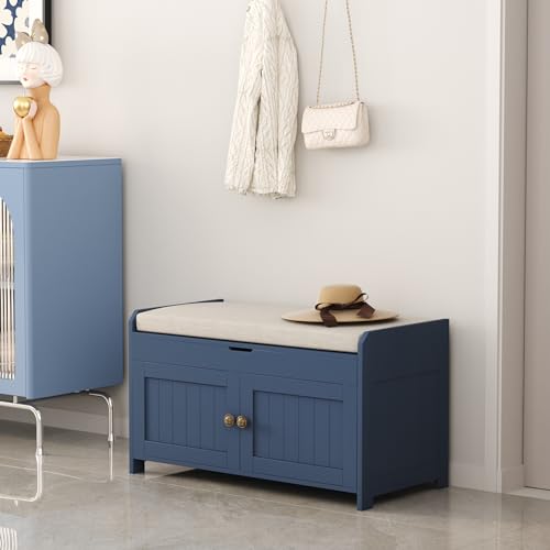 HOMEFORT Shoe Storage Bench with Lift Top Storage, Entryway Bench with Cushioned Seat,Wood Shoe Cabinet Bench,Bench for Bedroom End of Bed,Entry Hidden Shoe Bench for Mudroom,Hallway (Blue)