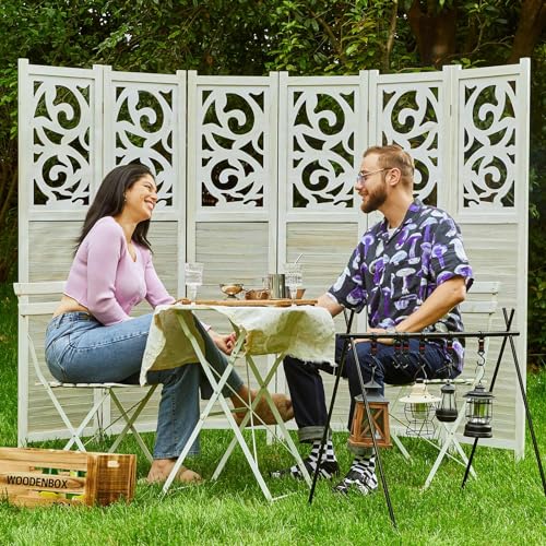 Folding Room Divider, 5.6Ft 6 Panels Wood Carved Privacy Screens, Free Assembled Freestanding Portable Reversible Functional Decorative Partition for Home Office Bedroom (White-Washed)