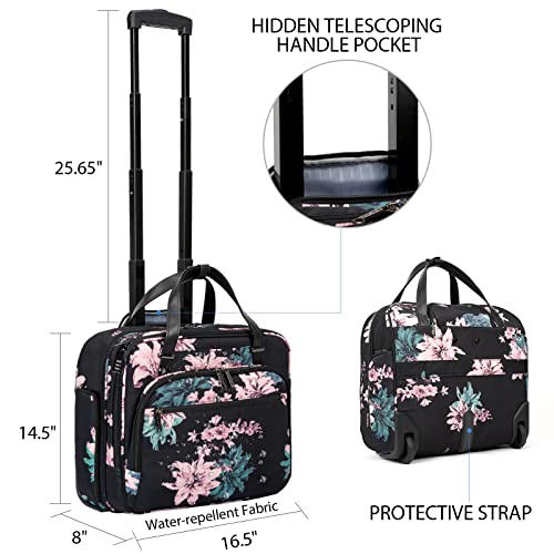 EMPSIGN Rolling Laptop Bag Women, 15.6 Inch Premium Rolling Briefcase with Wheel, 30L Roller Computer Underaeat Bag with Water-Proof RFID Pockets for Travel Business Work-Floral