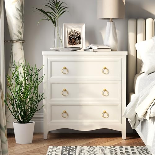 Farmhouse 3-Drawer Dresser, Fully-Assembled French Country Chest of Drawers with Embossed Geometric Lines, Rustic Dresser for Bedroom, Living Room, White