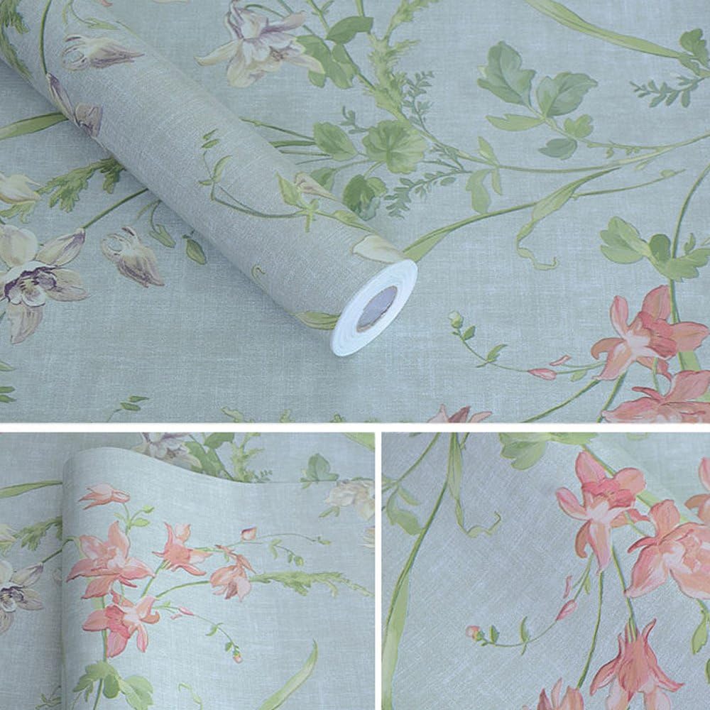 Country Rustic Flower Shelf Liner Self-Adhesive Furniture Paper for Countertops Light Green 17.7 Inch by 13 Feet