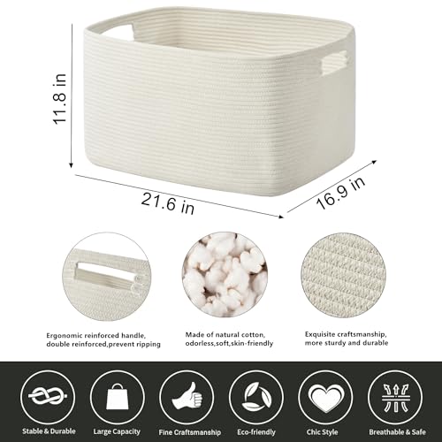 Large Blanket Basket, Rectangle Woven Baskets for Storage, Blanket Storage for Living Room, Cotton Rope Basket for Toys，Big Storage Basket for Blankets