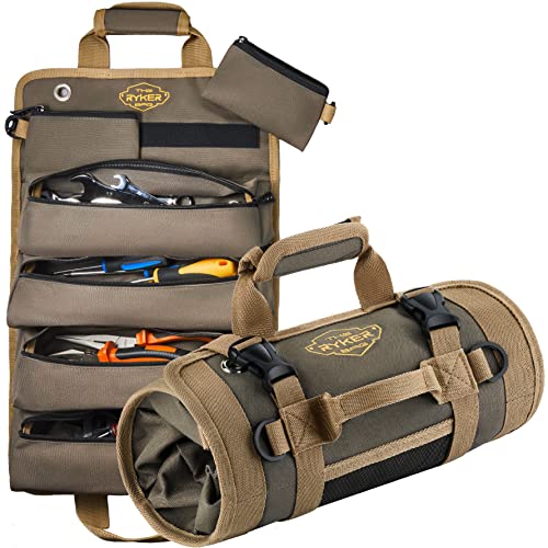 The Ryker Roll Up Tool Bag Organizer Gifts for Dad. Heavy Duty Motorcycle Tool Roll Bag Organizer. Portable Rollup Toolbag w/Detachable Pouches - Tools Bags Mens gifts for him - Mechanic & Electrician