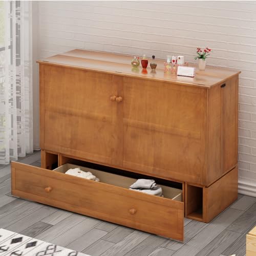 MUZZ Queen Size Murphy Bed with Charging Station, Convertible Cube Cabinet Murphy Bed with Folding Foam Mattress, Foldable Space-Saving Murphy Bed for Guest Room, Home, Office (Cherry)