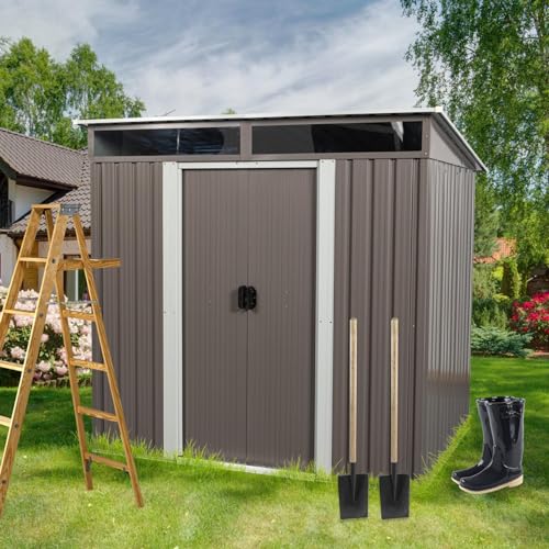 6FT x 5FT Storage Shed with Lockable Door, Outdoor Storage Shed with Transparent Board, Metal Garden Shed Kit with Waterproof Roof and Sturdy Base Plate, Suitable for Backyard, Patio, Gray