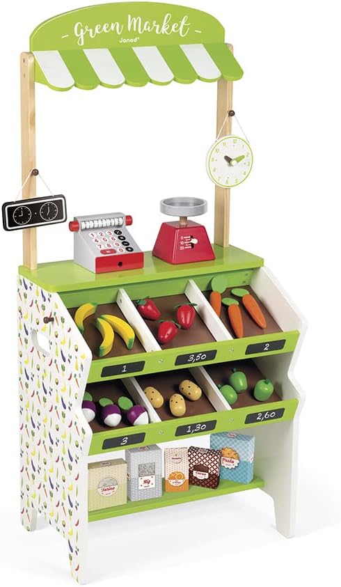 Janod Green Market Wooden Grocery Stand 38 Kid's Grocery Store Playset with 32 Accessories Including Cash Register, Produce Scale, and Blackboard for Imaginative Play Ages 3-8 - J06574