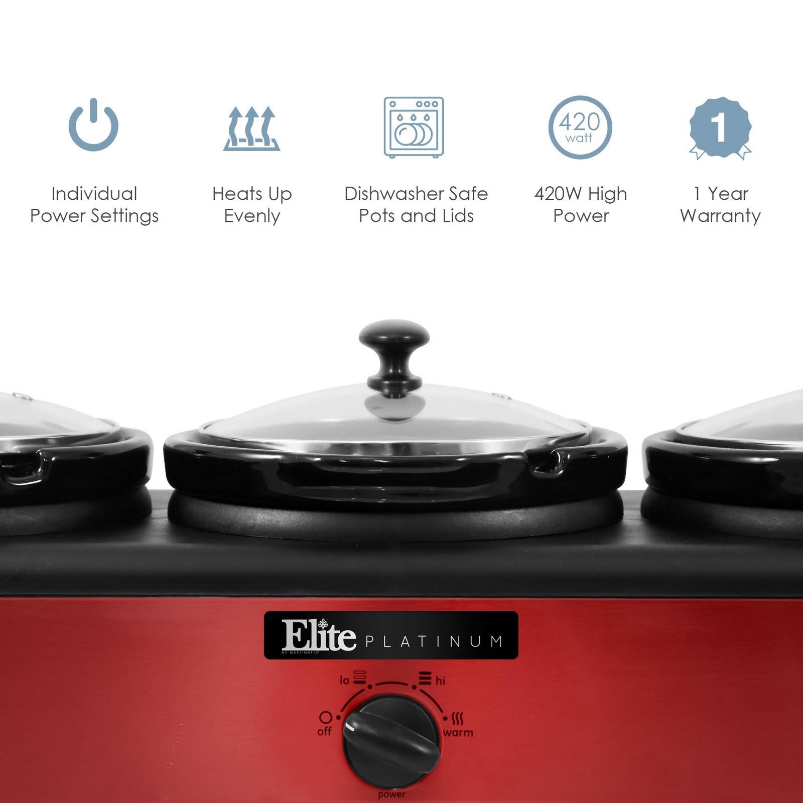Elite Platinum Triple Slow Cooker Buffet, Red